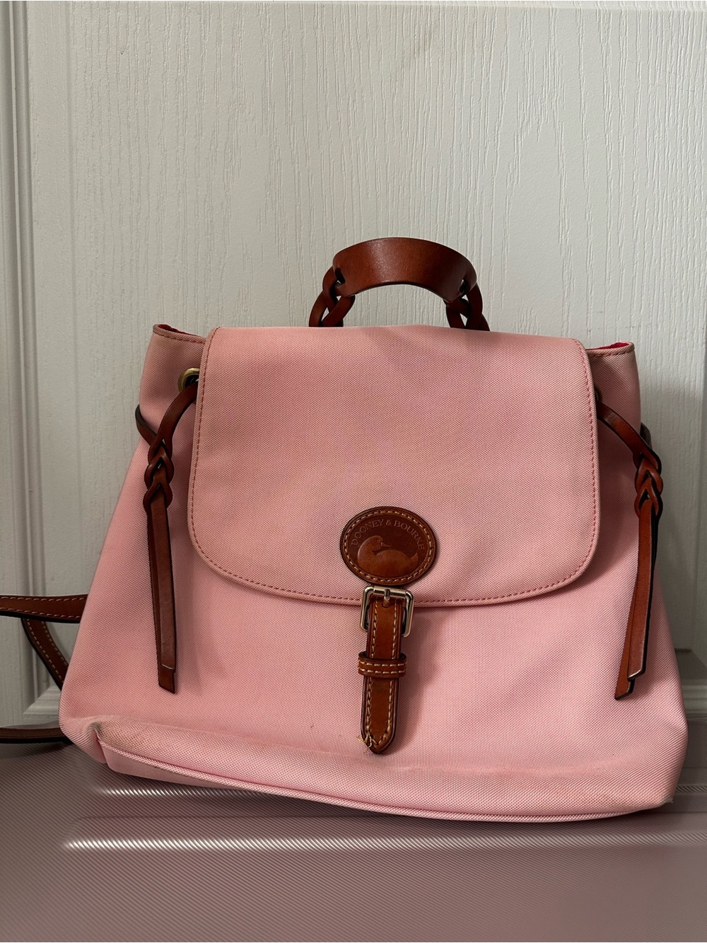 Dooney & Bourke Pink Canvas Backpack with Brown Leather Trim